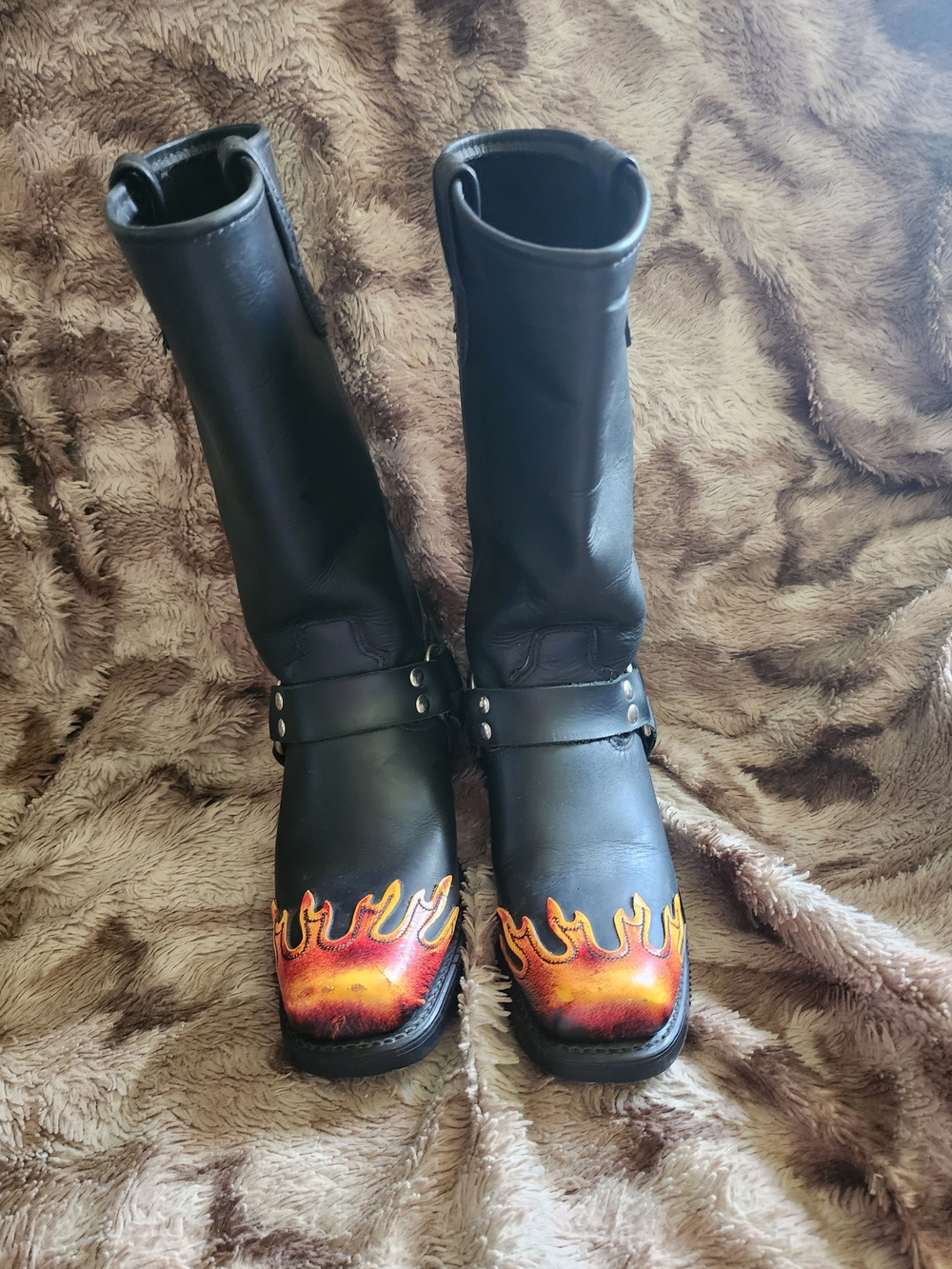 Double H Black Motorcycle Boots with Orange and Red Flame Toe